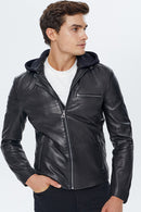 Lopez Men's Black Hooded Slim-Fit Leather Jacket | Derimod Lopez Men's Black Hooded Slim-Fit Leather Jacket | Derimod