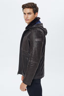 Haaland Men's Brown Hooded Fur Leather Jacket | Derimod Haaland Men's Brown Hooded Fur Leather Jacket | Derimod