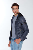 Towns Men's Blue Hooded Slim-Fit Sports Leather Jacket | Derimod Towns Men's Blue Hooded Slim-Fit Sports Leather Jacket | Derimod