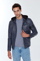 Towns Men's Blue Hooded Slim-Fit Sports Leather Jacket | Derimod Towns Men's Blue Hooded Slim-Fit Sports Leather Jacket | Derimod