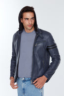 Towns Men's Blue Hooded Slim-Fit Sports Leather Jacket | Derimod Towns Men's Blue Hooded Slim-Fit Sports Leather Jacket | Derimod