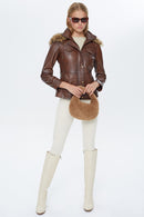 Vera Women's Brown Hooded Leather Coat | Derimod Vera Women's Brown Hooded Leather Coat | Derimod