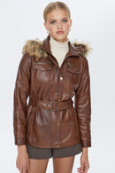 Lavinia Women's Brown Hooded Long Leather Jacket | Derimod Lavinia Women's Brown Hooded Long Leather Jacket | Derimod