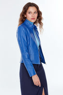 Angie Women's Blue Leather Jacket | Derimod Angie Women's Blue Leather Jacket | Derimod
