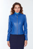 Angie Women's Blue Leather Jacket | Derimod Angie Women's Blue Leather Jacket | Derimod
