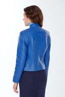 Angie Women's Blue Leather Jacket | Derimod Angie Women's Blue Leather Jacket | Derimod
