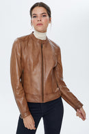 Aida Tan Women's Leather Jacket | Derimod Aida Tan Women's Leather Jacket | Derimod