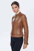 Aida Tan Women's Leather Jacket | Derimod Aida Tan Women's Leather Jacket | Derimod