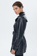 Milla Women's Black Leather Trench Coat | Derimod Milla Women's Black Leather Trench Coat | Derimod
