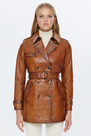 Milla Taba Women's Leather Trench Coat | Derimod Milla Taba Women's Leather Trench Coat | Derimod