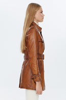 Milla Taba Women's Leather Trench Coat | Derimod Milla Taba Women's Leather Trench Coat | Derimod