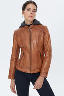 Venus Women's Camel Hooded Leather Jacket | Derimod Venus Women's Camel Hooded Leather Jacket | Derimod