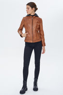 Venus Women's Camel Hooded Leather Jacket | Derimod Venus Women's Camel Hooded Leather Jacket | Derimod