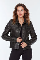 Benefit Women's Black Leather Jacket | Derimod Benefit Women's Black Leather Jacket | Derimod