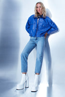 Splendid Women's Blue Oversize Leather Jacket | Derimod Splendid Women's Blue Oversize Leather Jacket | Derimod
