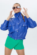 Splendid Women's Blue Oversize Leather Jacket | Derimod Splendid Women's Blue Oversize Leather Jacket | Derimod