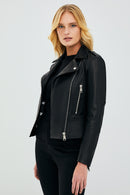 Latoya Women's Black Slim-Fit Biker Leather Jacket | Derimod Latoya Women's Black Slim-Fit Biker Leather Jacket | Derimod