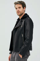 Lowry Men's Black Hooded Leather Biker Coat | Derimod Lowry Men's Black Hooded Leather Biker Coat | Derimod