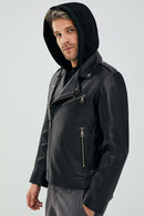 Lowry Men's Black Hooded Leather Biker Coat | Derimod Lowry Men's Black Hooded Leather Biker Coat | Derimod