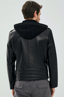 Lowry Men's Black Hooded Leather Biker Coat | Derimod Lowry Men's Black Hooded Leather Biker Coat | Derimod