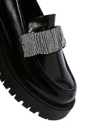 Kadın Siyah Rugan Deri Taşlı Maskülen Loafer | Derimod Kadın Siyah Rugan Deri Taşlı Maskülen Loafer | Derimod