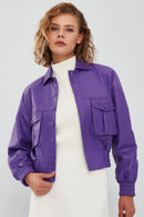 Chloe Women's Purple Oversize Short Leather Coat | Derimod Chloe Women's Purple Oversize Short Leather Coat | Derimod