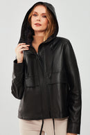 Shelly Women's Black Oversize Hooded Leather Jacket | Derimod Shelly Women's Black Oversize Hooded Leather Jacket | Derimod