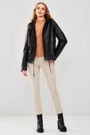 Shelly Women's Black Oversize Hooded Leather Jacket | Derimod Shelly Women's Black Oversize Hooded Leather Jacket | Derimod
