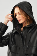 Shelly Women's Black Oversize Hooded Leather Jacket | Derimod Shelly Women's Black Oversize Hooded Leather Jacket | Derimod