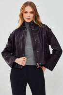 Cassy Women's Purple Oversize Leather Jacket | Derimod Cassy Women's Purple Oversize Leather Jacket | Derimod