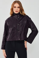Cassy Women's Purple Oversize Leather Jacket | Derimod Cassy Women's Purple Oversize Leather Jacket | Derimod