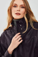 Cassy Women's Purple Oversize Leather Jacket | Derimod Cassy Women's Purple Oversize Leather Jacket | Derimod