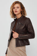 Madison Women's Brown Short Leather Jacket | Derimod Madison Women's Brown Short Leather Jacket | Derimod