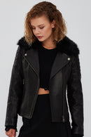 Brooklyn Women's Black Fur Collar Biker Leather Jacket | Derimod Brooklyn Women's Black Fur Collar Biker Leather Jacket | Derimod