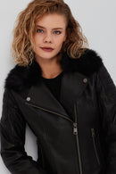 Brooklyn Women's Black Fur Collar Biker Leather Jacket | Derimod Brooklyn Women's Black Fur Collar Biker Leather Jacket | Derimod