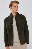 Navas Men's Green Shirt Style Suede Leather Jacket | Derimod Navas Men's Green Shirt Style Suede Leather Jacket | Derimod