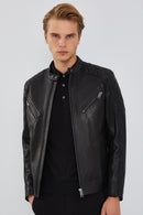 Lillard Men's Black Slim-Fit Sports Leather Coat | Derimod Lillard Men's Black Slim-Fit Sports Leather Coat | Derimod