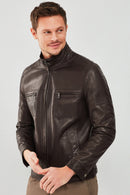 Wade Men's Brown Slim-Fit Leather Coat | Derimod Wade Men's Brown Slim-Fit Leather Coat | Derimod