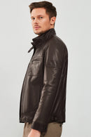 Wade Men's Brown Slim-Fit Leather Coat | Derimod Wade Men's Brown Slim-Fit Leather Coat | Derimod