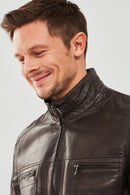 Wade Men's Brown Slim-Fit Leather Coat | Derimod Wade Men's Brown Slim-Fit Leather Coat | Derimod