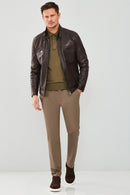 Wade Men's Brown Slim-Fit Leather Coat | Derimod Wade Men's Brown Slim-Fit Leather Coat | Derimod