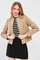 Emily Women's Beige Short Leather Jacket | Derimod Emily Women's Beige Short Leather Jacket | Derimod