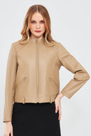 Emily Women's Beige Short Leather Jacket | Derimod Emily Women's Beige Short Leather Jacket | Derimod