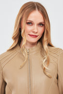 Emily Women's Beige Short Leather Jacket | Derimod Emily Women's Beige Short Leather Jacket | Derimod