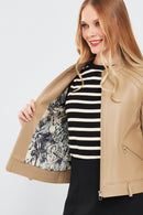 Emily Women's Beige Short Leather Jacket | Derimod Emily Women's Beige Short Leather Jacket | Derimod