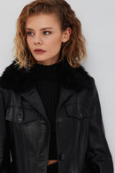 Fonda Women's Black Fur Leather Coat | Derimod Fonda Women's Black Fur Leather Coat | Derimod