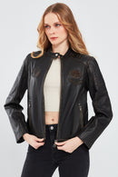 Tampa Women's Bronze Emblem Sports Leather Coat | Derimod Tampa Women's Bronze Emblem Sports Leather Coat | Derimod