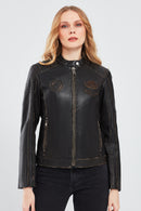 Tampa Women's Bronze Emblem Sports Leather Coat | Derimod Tampa Women's Bronze Emblem Sports Leather Coat | Derimod