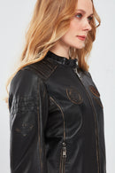 Tampa Women's Bronze Emblem Sports Leather Coat | Derimod Tampa Women's Bronze Emblem Sports Leather Coat | Derimod