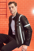 Racer Men's Sports Slim-Fit Leather Jacket | Derimod Racer Men's Sports Slim-Fit Leather Jacket | Derimod